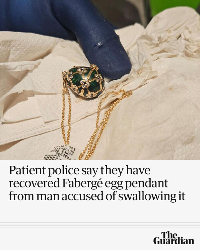 Close-up of a recovered Fabergé egg pendant with gold chain held by gloved hand, highlighting unusual local newspaper headline.