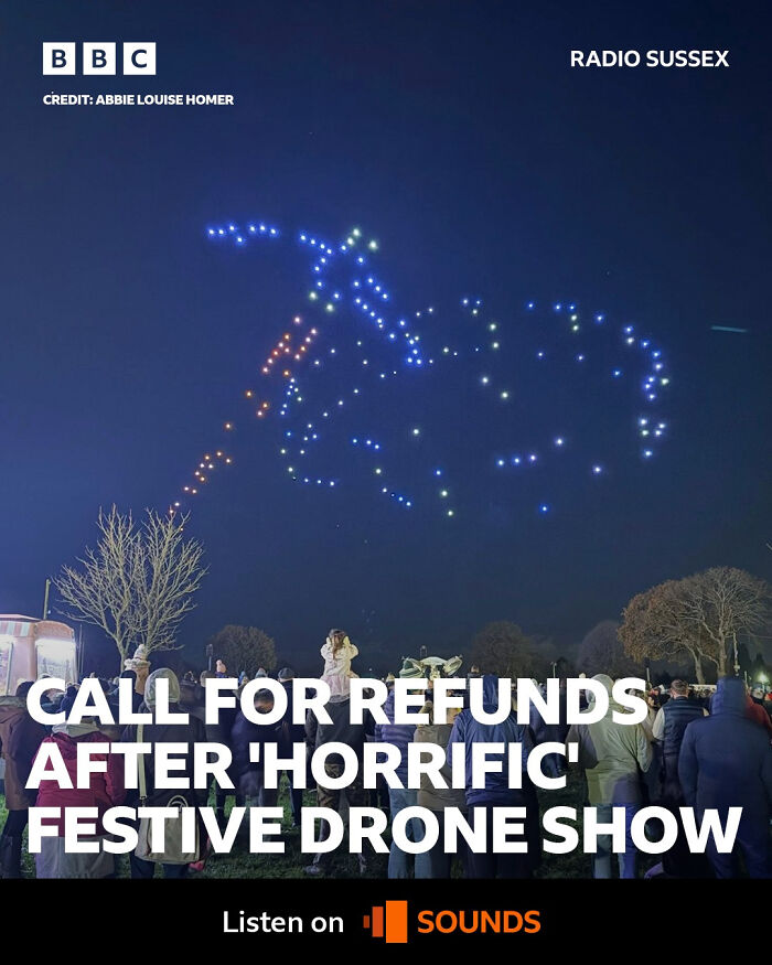 Night sky drone light display above a crowd, illustrating unusual local newspaper titles about a festive event gone mad.