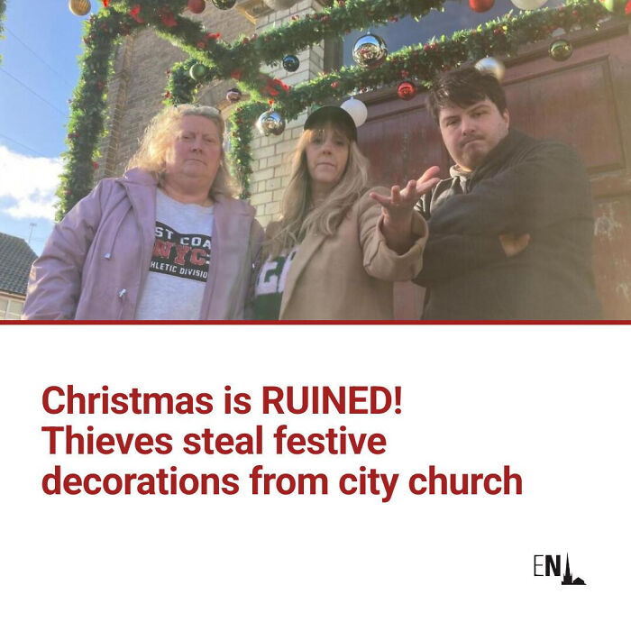 Three people stand under stolen festive decorations outside a city church, highlighting local newspaper headlines going mad.