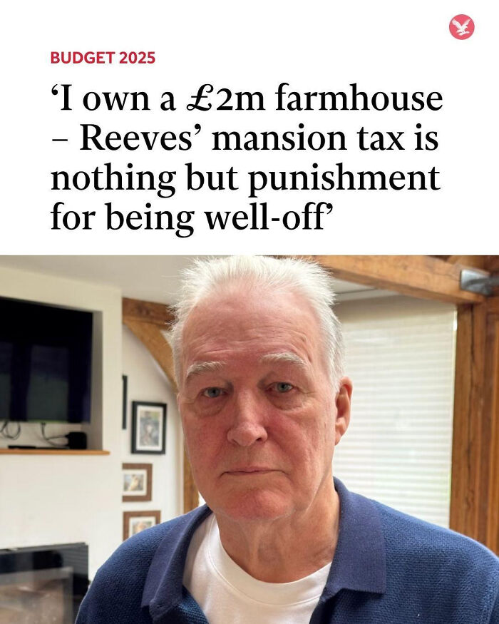 Man in a blue sweater featured in local newspaper article about mansion tax and well-off homeowners.