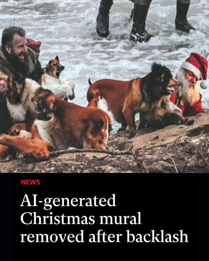 Man and Santa with dogs on rocky shore with waves, depicting surreal local newspaper stories about world going mad.