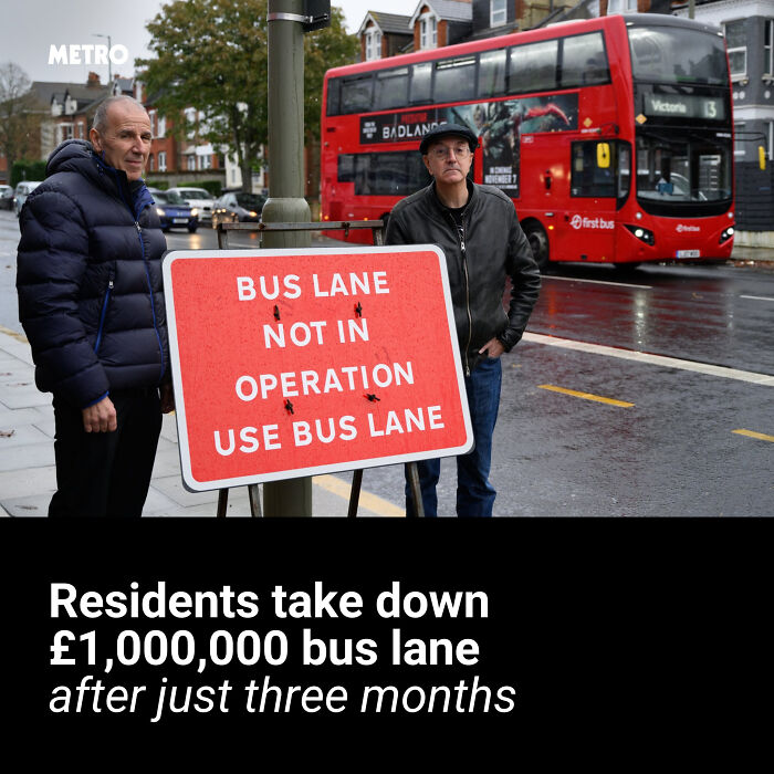 Two men stand beside a bus lane sign with a red double-decker bus in the background, illustrating local newspaper headlines.