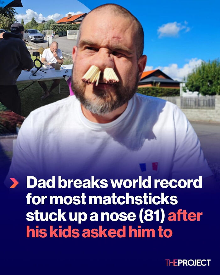 Man sets local newspaper world record by sticking 81 matchsticks up his nose in unusual challenge outdoors.