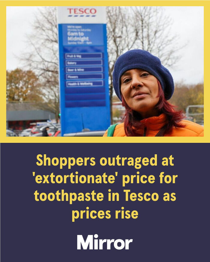 Woman in a blue hat outside Tesco with shoppers outraged at toothpaste prices in local newspaper titles about rising costs