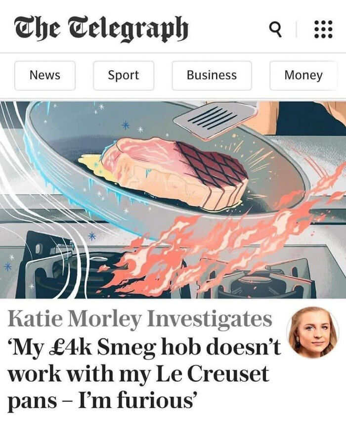 Newspaper headline showing a humorous local newspaper title about a £4k hob not working with Le Creuset pans.