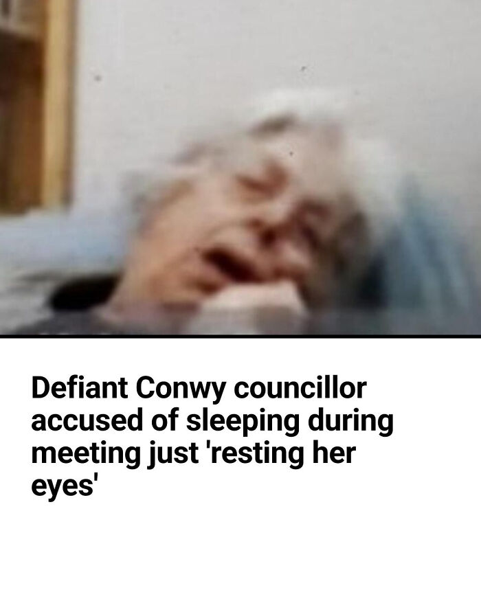 Elderly woman appearing to sleep during meeting, featured in local newspaper titles showing the world going mad moment.