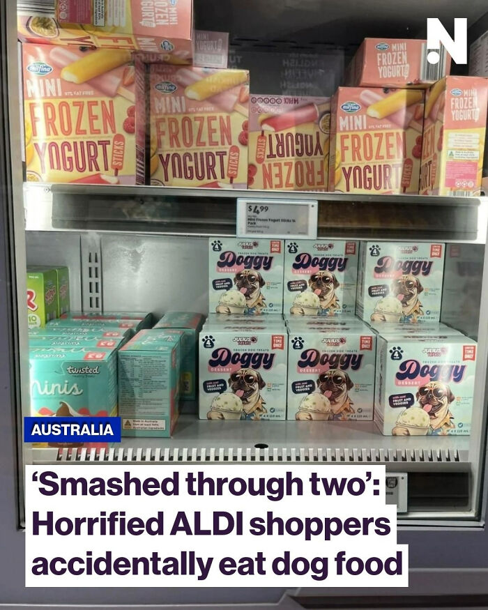 Freezer shelves with frozen yogurt and doggy dessert products, highlighting local newspaper headlines on shoppers eating dog food.