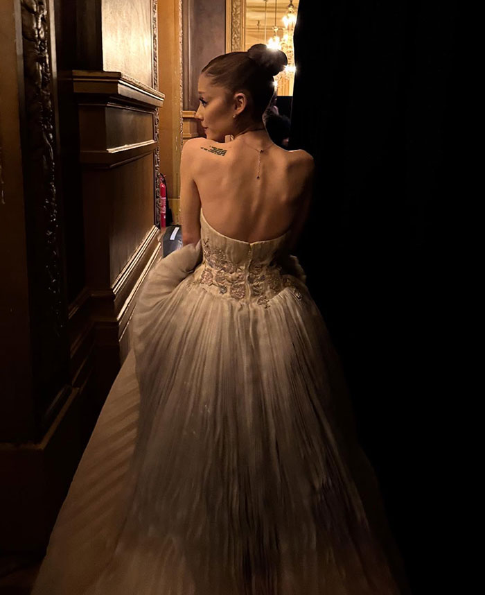 Ariana Grande seen from the back wearing a strapless gown, highlighting her figure amid a reminder about body-shaming issues.