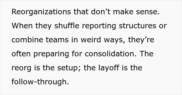 Text explaining how confusing reorganizations signal job insecurity, highlighting subtle red flags about job safety.