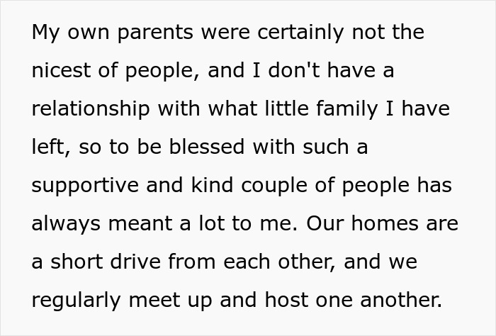 Text passage about feeling blessed by a supportive couple after difficult family relationships, describing regular meetups. Text passage about feeling blessed by a supportive couple after difficult family relationships, describing regular meetups.