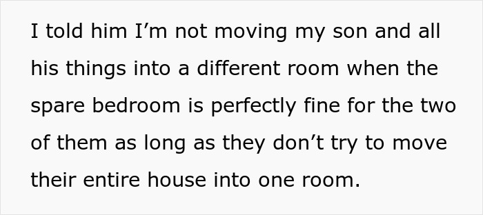 Text excerpt showing a woman confronting her brother and his wife about moving belongings into a spare bedroom.