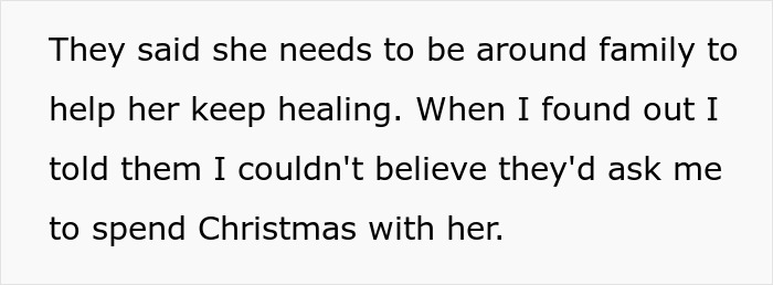 Text excerpt showing a woman&rsquo;s family discussing spending Christmas together despite past threats.