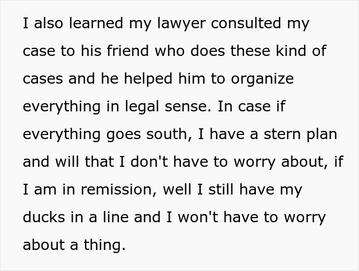 Text about a lawyer consulting a friend to organize legal case plans in case of remission or unexpected outcomes. Text about a lawyer consulting a friend to organize legal case plans in case of remission or unexpected outcomes.