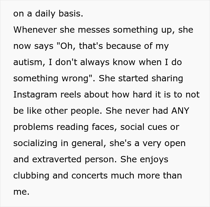 Woman excusing behavior with self-diagnosed autism, boyfriend frustrated with constant justification and excuses.