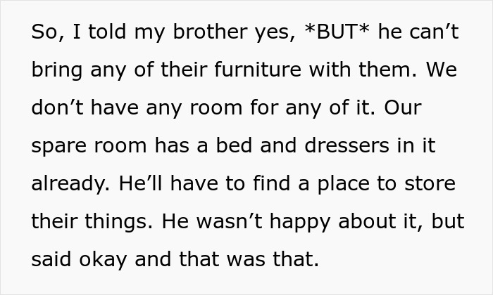 Text showing a woman tries to help her brother and his wife but faces entitled behavior regarding furniture storage.