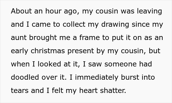 Text excerpt describing a daughter&rsquo;s reaction after her dad &ldquo;fixes&rdquo; her first real drawing, causing emotional distress.