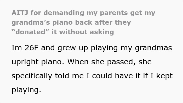 Text excerpt about daughter’s inherited piano donation, parents ashamed after she calls pastor to take it back. Text excerpt about daughter’s inherited piano donation, parents ashamed after she calls pastor to take it back.