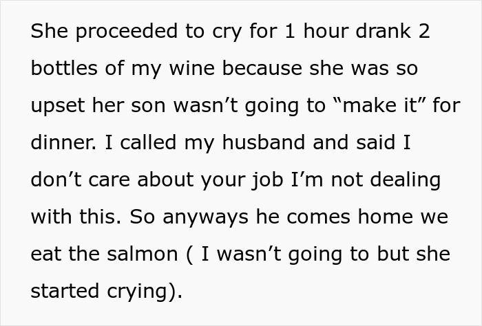 Text excerpt showing a wife upset with her husband who won’t stand up to his mother over family dinner troubles.