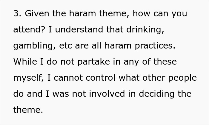 Text excerpt discussing concerns about a haram theme and a Muslim daughter-in-law refusing to wear bikini at bridal party. Text excerpt discussing concerns about a haram theme and a Muslim daughter-in-law refusing to wear bikini at bridal party.