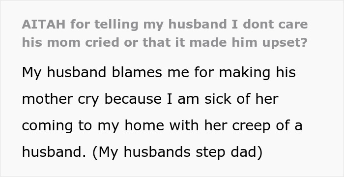 Woman bans MIL’s creepy husband from home as marriage starts falling apart due to tension with his mom and stepdad. Woman bans MIL’s creepy husband from home as marriage starts falling apart due to tension with his mom and stepdad.