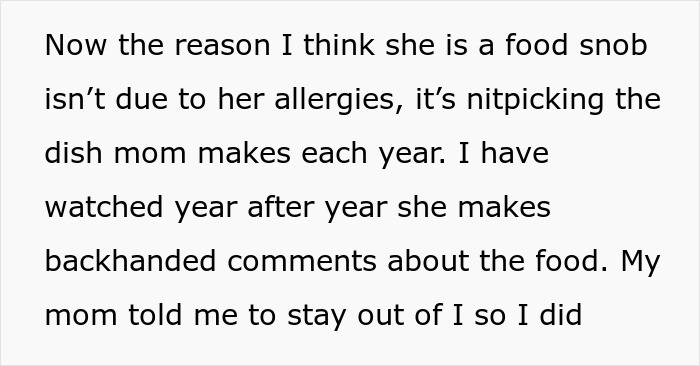 Text discussing a woman’s allergies and family conflict over food expectations and catering to allergies. Text discussing a woman’s allergies and family conflict over food expectations and catering to allergies.