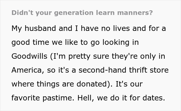 Older man in Goodwill store criticizes younger generations while woman quickly shuts him down in conversation.