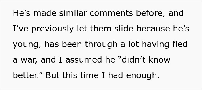 Text excerpt showing a coworker conflicted about reporting inappropriate comments about women staying home to birth babies.