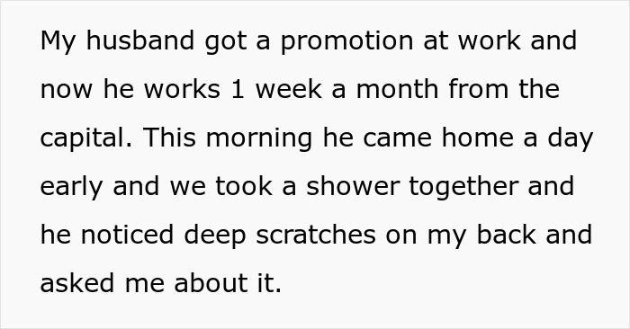 Text about husband noticing deep scratches on wife's back, highlighting trust issues and desire to install home CCTV. Text about husband noticing deep scratches on wife's back, highlighting trust issues and desire to install home CCTV.
