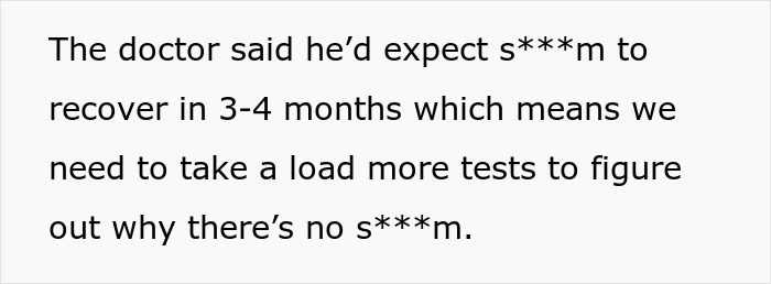 Text excerpt discussing medical concerns about fertility and s***m health after testing and recovery. Text excerpt discussing medical concerns about fertility and s***m health after testing and recovery.