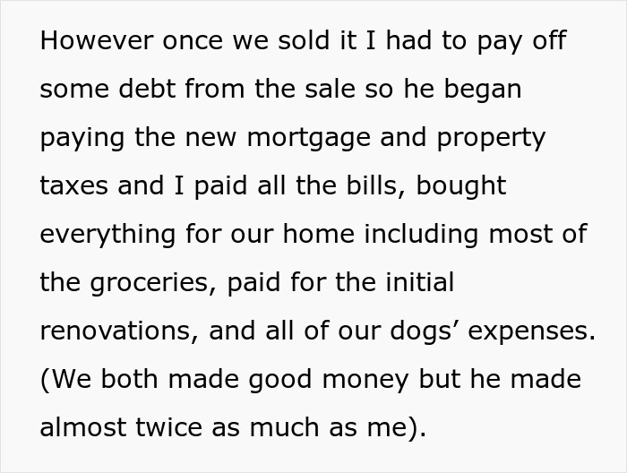 Text excerpt showing a woman’s experience with finances and responsibilities after regretting a divorce and reality check.