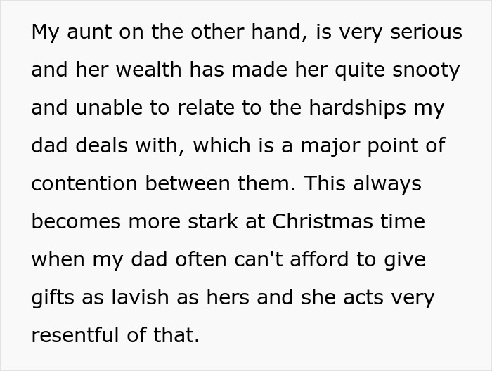 Text describing a rich aunt acting snooty with cheap gifts while dad plans petty Christmas revenge.
