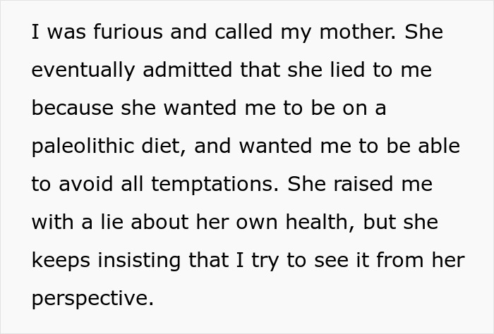 Text excerpt discussing a parent who lied about allergies to enforce a specific diet and perspective. Text excerpt discussing a parent who lied about allergies to enforce a specific diet and perspective.