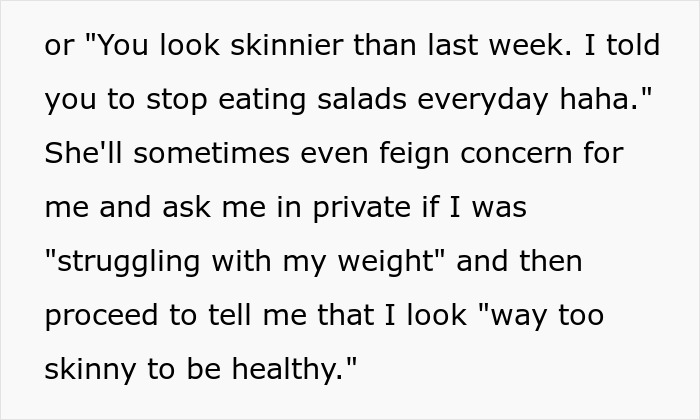 Text excerpt discussing a woman fed up with a coworker skinny-shaming while preaching body positivity.