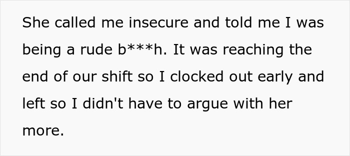 Text excerpt from a woman fed up with coworker preaching body positivity while skinny-shaming, ending shift early to avoid argument.