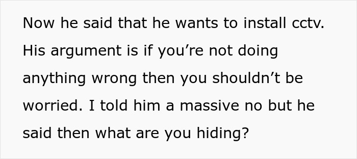 Text discussing husband's trust issues and desire to install CCTV after wife can't explain scratches on her back. Text discussing husband's trust issues and desire to install CCTV after wife can't explain scratches on her back.
