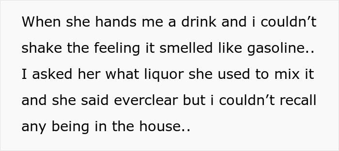 Screenshot of text about a mentally unstable woman allegedly putting gas in bestie's drink after a party.
