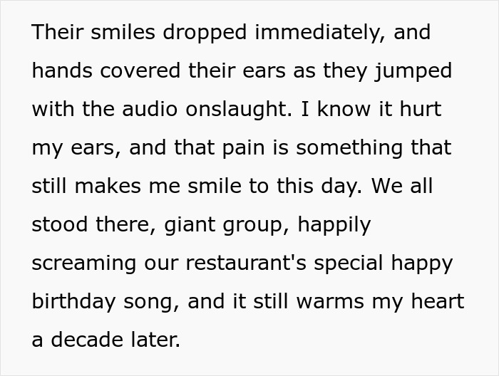 Text excerpt describing a group reacting to a loud audio onslaught while singing a restaurant’s happy birthday song. Text excerpt describing a group reacting to a loud audio onslaught while singing a restaurant’s happy birthday song.