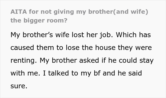 Woman tries to help her brother and his wife by offering a place to stay but faces entitled behavior from them.