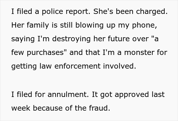 Text outlining a marriage falling apart due to the wife treating the husband like an ATM, leading to fraud and annulment. Text outlining a marriage falling apart due to the wife treating the husband like an ATM, leading to fraud and annulment.