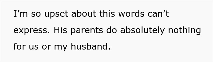 Text expressing deep upset about husband's parents doing nothing for the couple, highlighting family conflict issues.