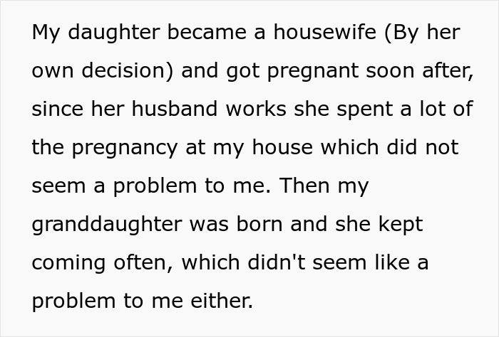 Text excerpt discussing a daughter becoming a housewife and frequent visits from granddaughter refusing taking care granddaughter free. Text excerpt discussing a daughter becoming a housewife and frequent visits from granddaughter refusing taking care granddaughter free.