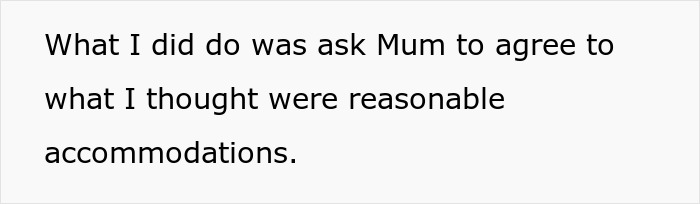 Text displayed on screen explaining a request for reasonable accommodations amid family conflict and childcare challenges. Text displayed on screen explaining a request for reasonable accommodations amid family conflict and childcare challenges.