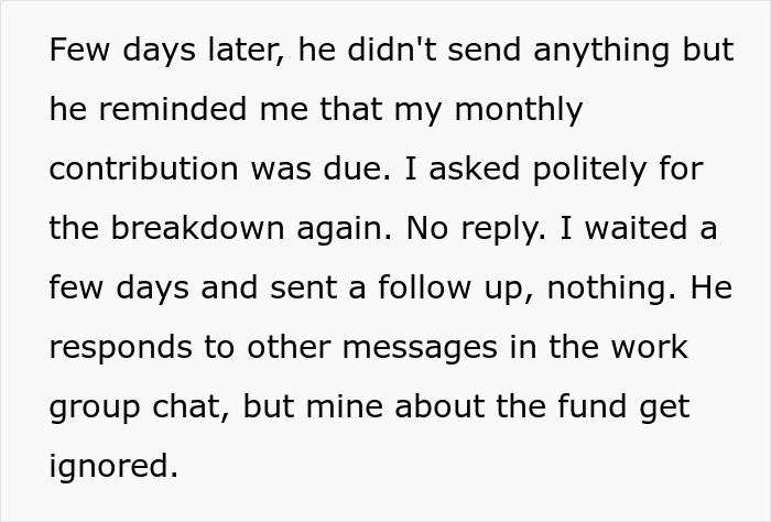 Text message showing a woman ignored by a shady fund manager refusing to provide receipt breakdowns for payments. Text message showing a woman ignored by a shady fund manager refusing to provide receipt breakdowns for payments.