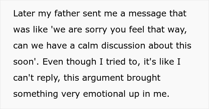 Text message expressing difficulty in responding to emotional trauma caused by parents favoring polyamorous partners over their kid. Text message expressing difficulty in responding to emotional trauma caused by parents favoring polyamorous partners over their kid.