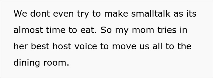 Text on a plain background describing family preparing for Thanksgiving dinner, highlighting sister’s barefoot spiritual advisor causing comical chaos.