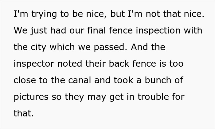 Text screenshot about fence inspection revealing back fence too close to canal, hinting at Karen Petty fence revenge. Text screenshot about fence inspection revealing back fence too close to canal, hinting at Karen Petty fence revenge.