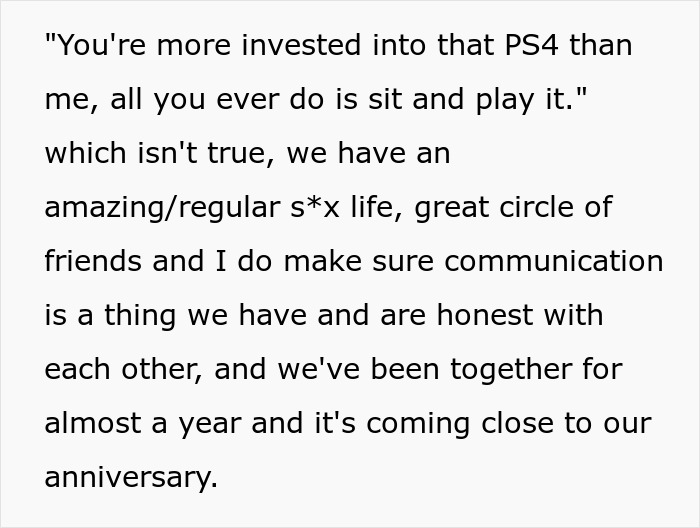 Text excerpt from a guy mocking girlfriend for playing video games to unwind, calling it not ladylike. Text excerpt from a guy mocking girlfriend for playing video games to unwind, calling it not ladylike.