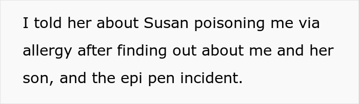 Text excerpt describing an allergy poisoning and an EpiPen incident involving an unhinged MIL and revengeful DIL. Text excerpt describing an allergy poisoning and an EpiPen incident involving an unhinged MIL and revengeful DIL.