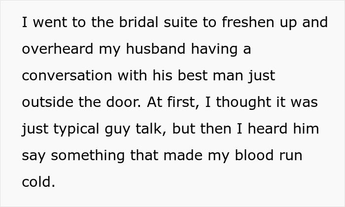 Bride overhears groom's unexpected revelations before wedding, leading to couple splitting at altar as she seeks support.