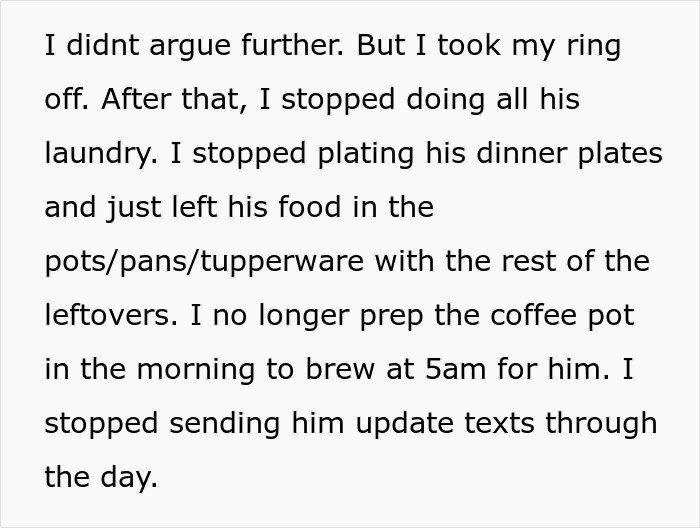 Text excerpt describing a stay-at-home mom stopping chores after being called lazy by her husband.